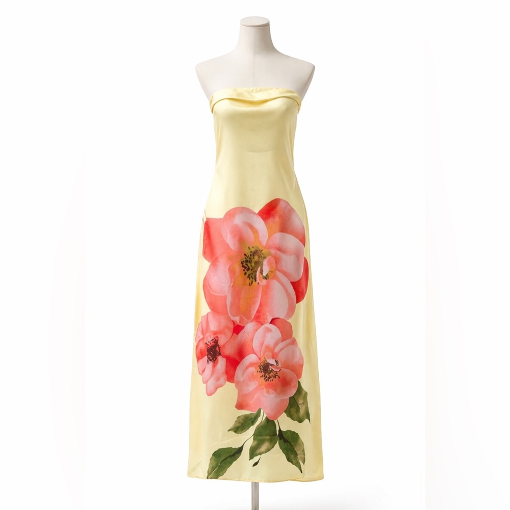 Sincerly Jules Strapless Yellow Gown with Pink Floral Print